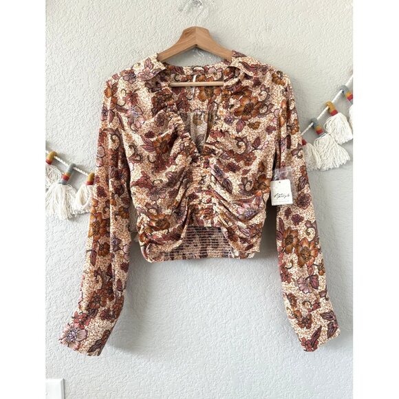 Free People I Got You Printed Top Orange Floral Ruched Boho Fall Coquette NWT XS - Picture 1 of 10